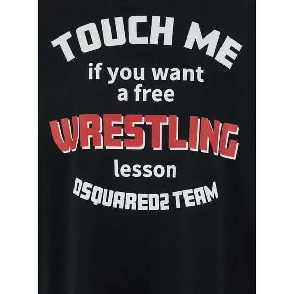 Dsquared2 Men Black Crewneck T-Shirt With Print On The Front In Cotton Man